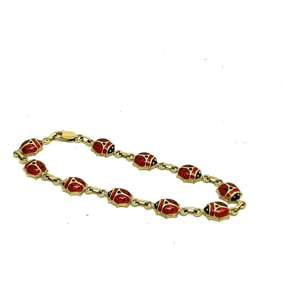 Red Lady Bug Bracelet 14k Yellow Gold Chain Women's 6.5'' Wrist Estate Jewelry